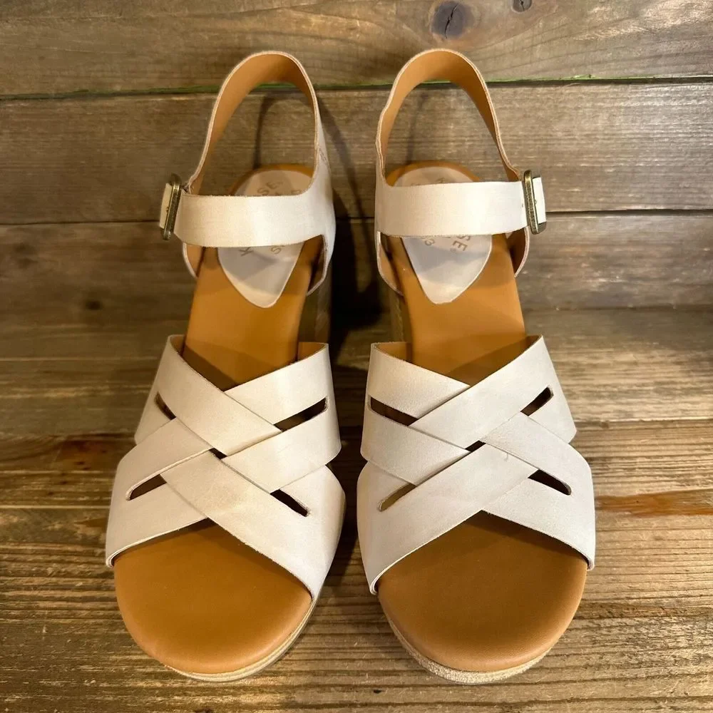 New NIB Womens Kork-Ease Hutton Beige Leather Heeled Strappy Sandals‎ Size 10 M